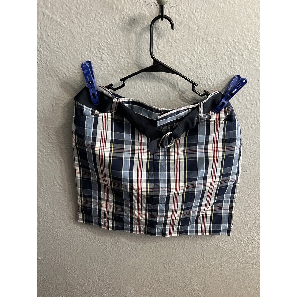 Chaps Skirt Womens 12 Blue Red Plaid Cotton Front Zip Pockets Belted 7493